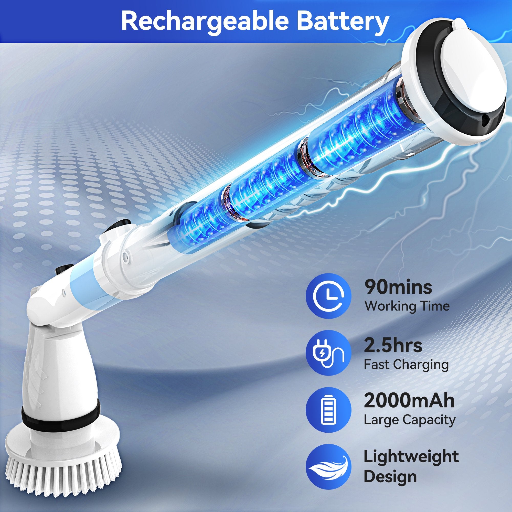 Electric Spin Scrubber, Cordless Bathroom Scrubber Cleaning Brush 1.5H Power with Adjustable Handle & 5 Replaceable Cleaning Heads for Shower Bathroom Tub Tile