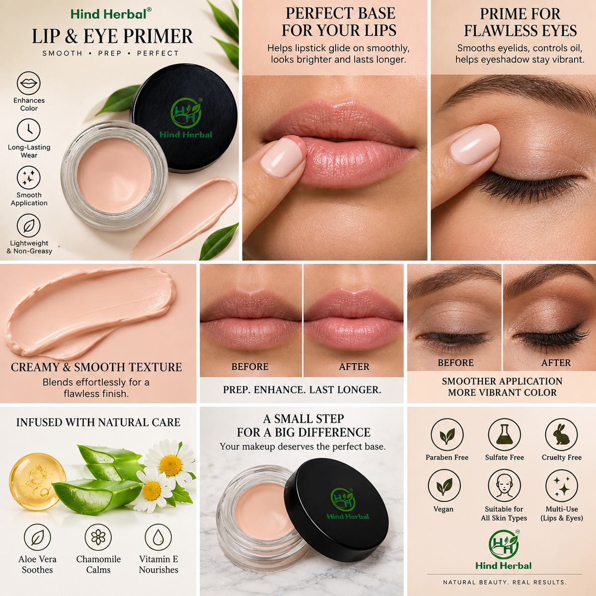 Hind Herbal Eye & Lip Primer A smoothing primer that preps lids and lips for longer-lasting color and crease-free wear Net wt. 0.1 oz. / 3 g