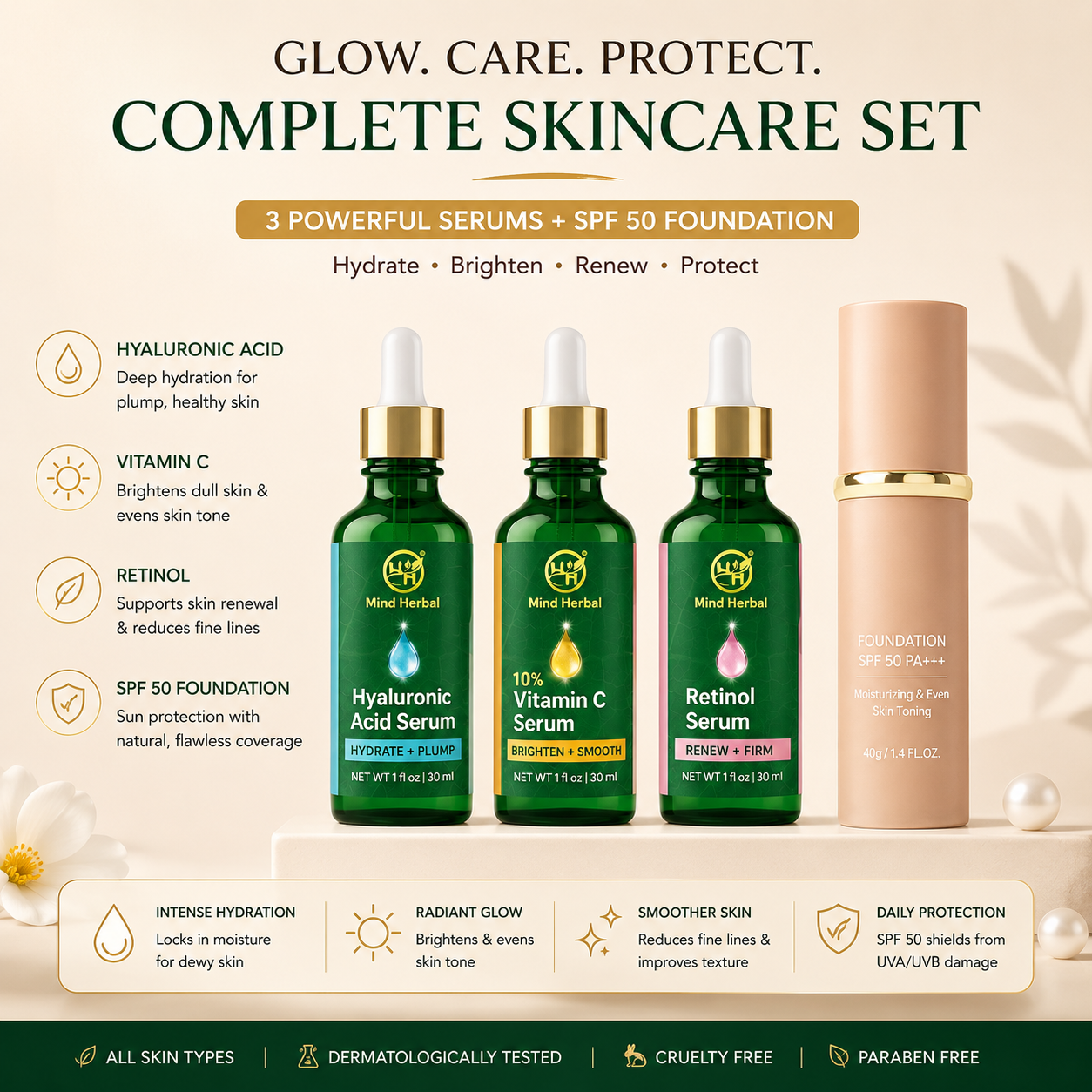 Face Serum Set – Hyaluronic Acid, 10% Vitamin C & Retinol Serum (3 Pack) + FREE Foundation SPF 50 – Hydrating, Brightening & Skin Smoothing Skincare