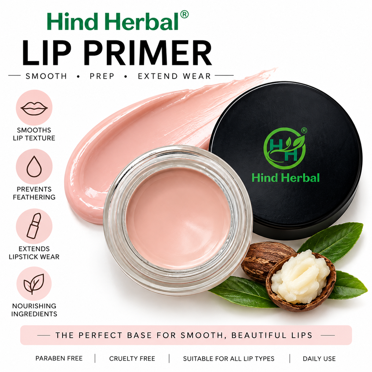 Hind Herbal Eye & Lip Primer A smoothing primer that preps lids and lips for longer-lasting color and crease-free wear Net wt. 0.1 oz. / 3 g