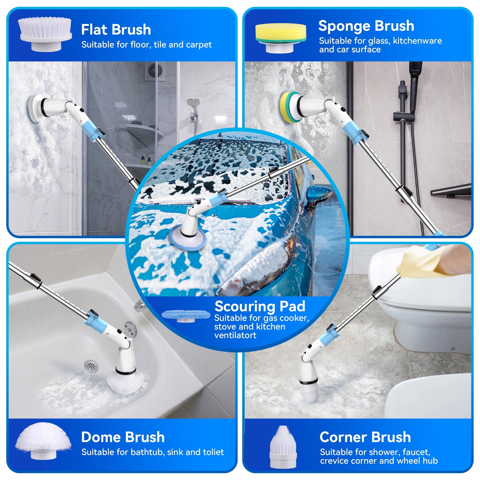 Electric Spin Scrubber, Cordless Bathroom Scrubber Cleaning Brush 1.5H Power with Adjustable Handle & 5 Replaceable Cleaning Heads for Shower Bathroom Tub Tile