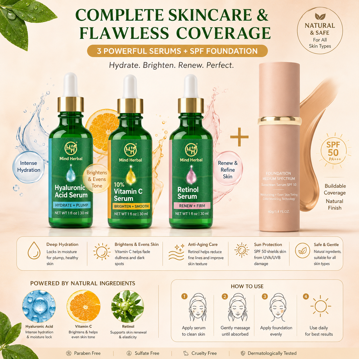Face Serum Set – Hyaluronic Acid, 10% Vitamin C & Retinol Serum (3 Pack) + FREE Foundation SPF 50 – Hydrating, Brightening & Skin Smoothing Skincare