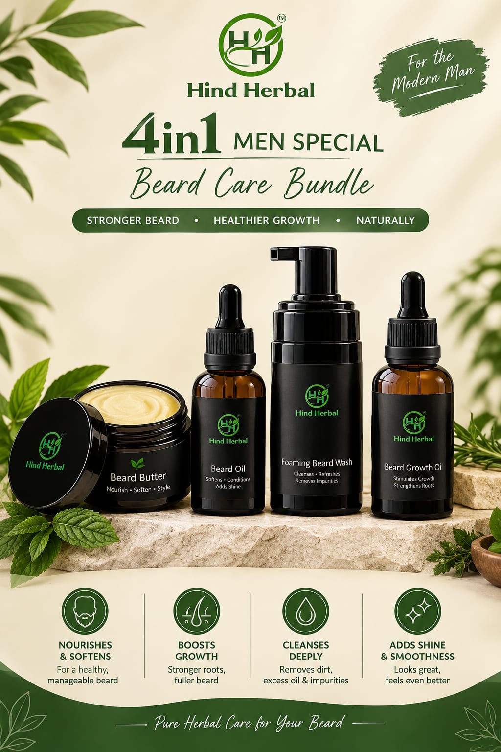 HIND HERBAL 4in1 Mens' special beard care bundle