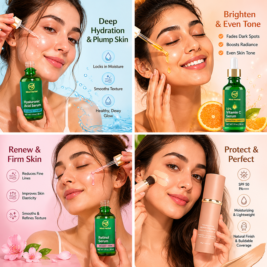 Face Serum Set – Hyaluronic Acid, 10% Vitamin C & Retinol Serum (3 Pack) + FREE Foundation SPF 50 – Hydrating, Brightening & Skin Smoothing Skincare