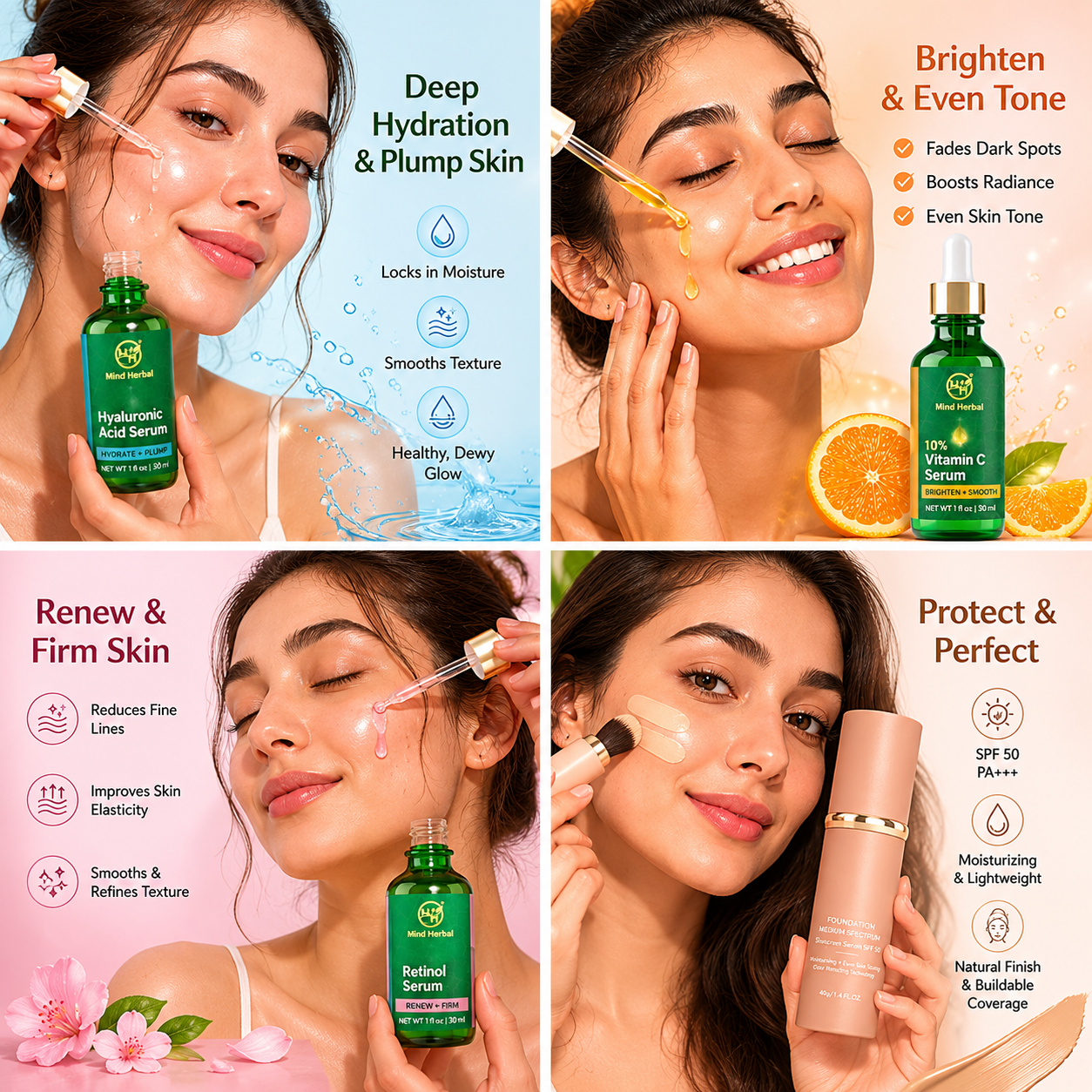 Face Serum Set – Hyaluronic Acid, 10% Vitamin C & Retinol Serum (3 Pack) + FREE Foundation SPF 50 – Hydrating, Brightening & Skin Smoothing Skincare