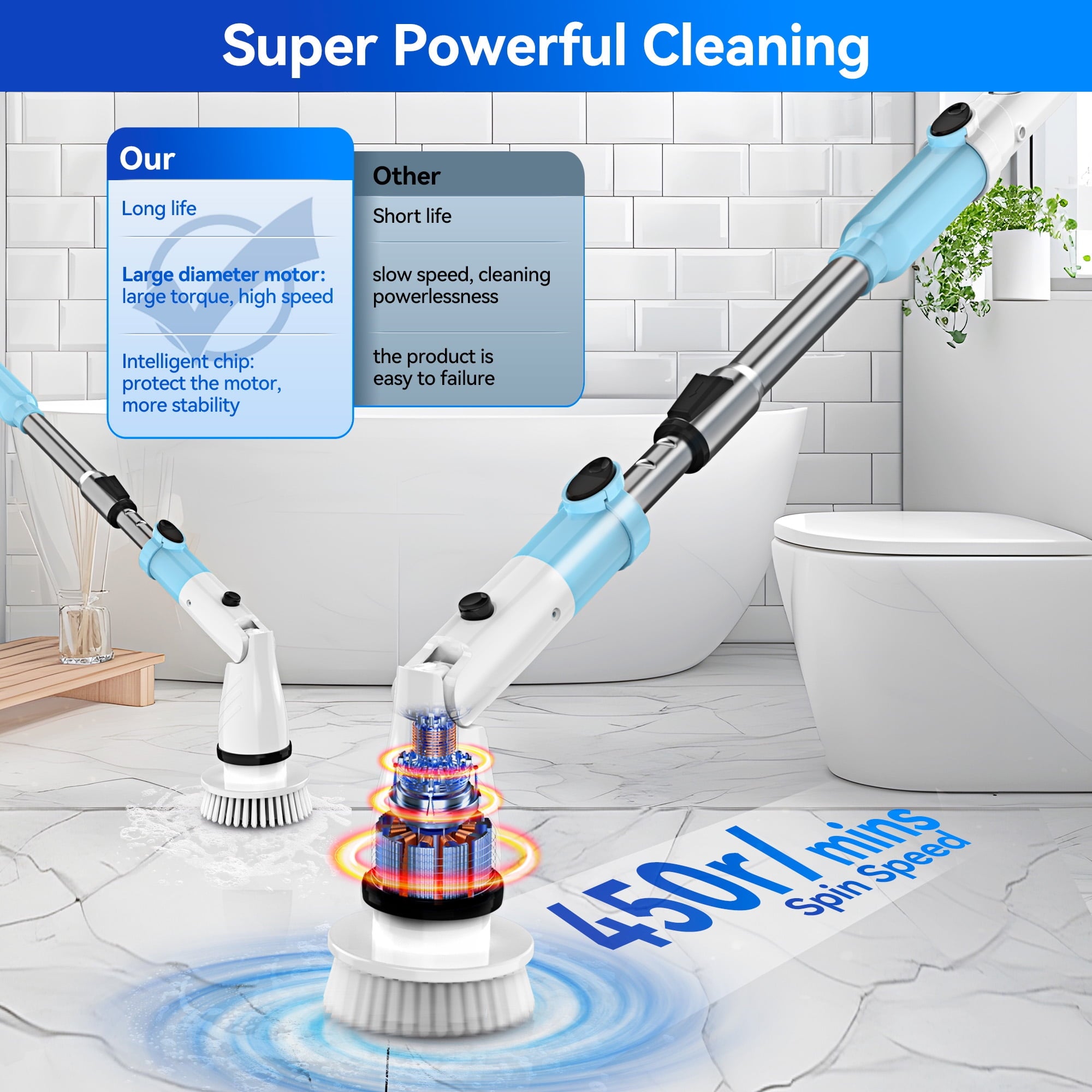 Electric Spin Scrubber, Cordless Bathroom Scrubber Cleaning Brush 1.5H Power with Adjustable Handle & 5 Replaceable Cleaning Heads for Shower Bathroom Tub Tile