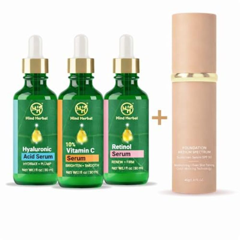 Face Serum Set – Hyaluronic Acid, 10% Vitamin C & Retinol Serum (3 Pack) + FREE Foundation SPF 50 – Hydrating, Brightening & Skin Smoothing Skincare