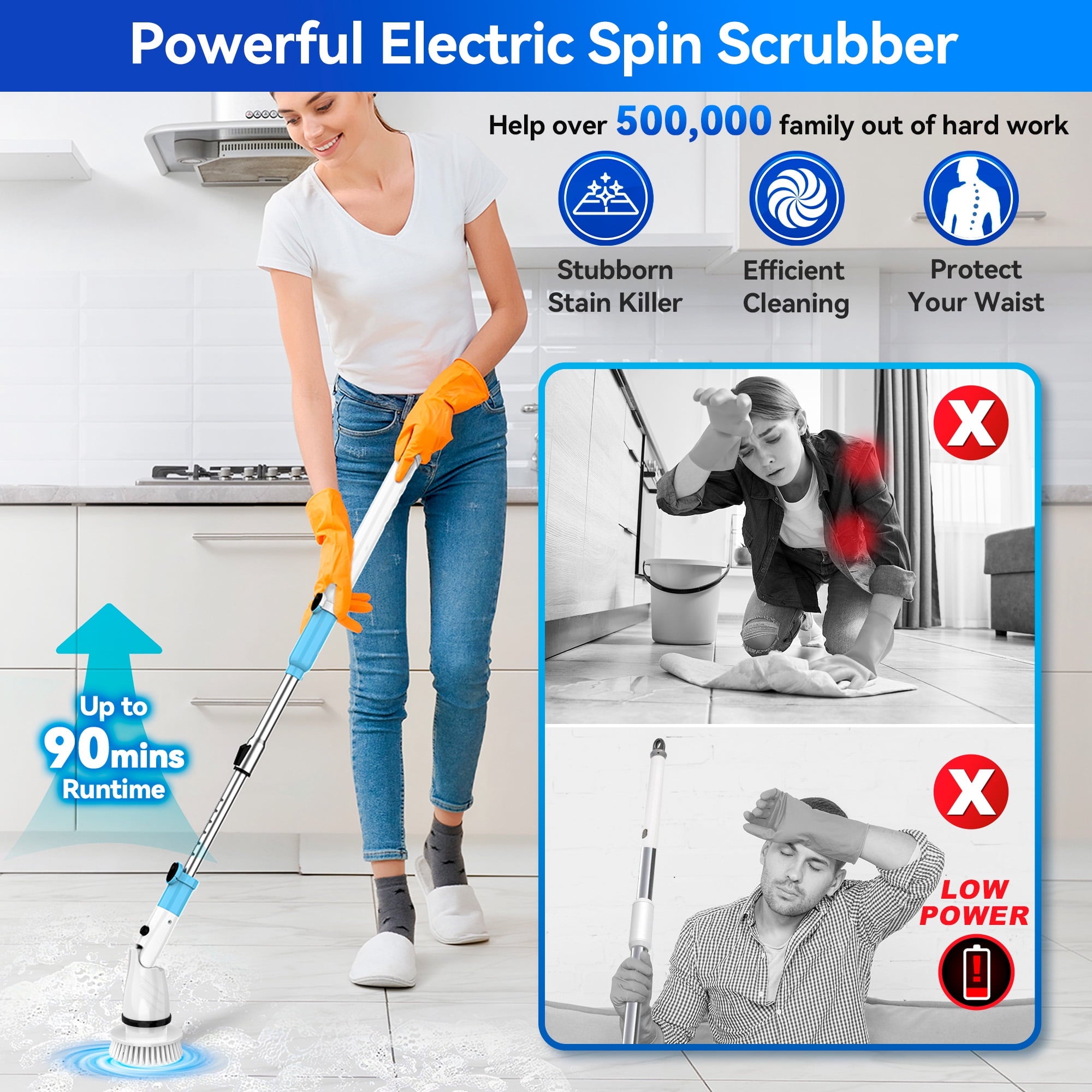Electric Spin Scrubber, Cordless Bathroom Scrubber Cleaning Brush 1.5H Power with Adjustable Handle & 5 Replaceable Cleaning Heads for Shower Bathroom Tub Tile