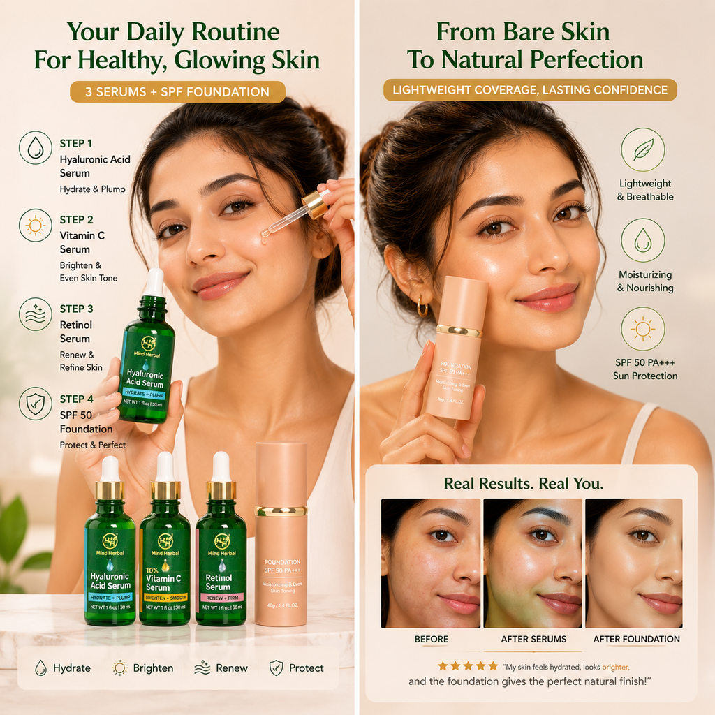 Face Serum Set – Hyaluronic Acid, 10% Vitamin C & Retinol Serum (3 Pack) + FREE Foundation SPF 50 – Hydrating, Brightening & Skin Smoothing Skincare