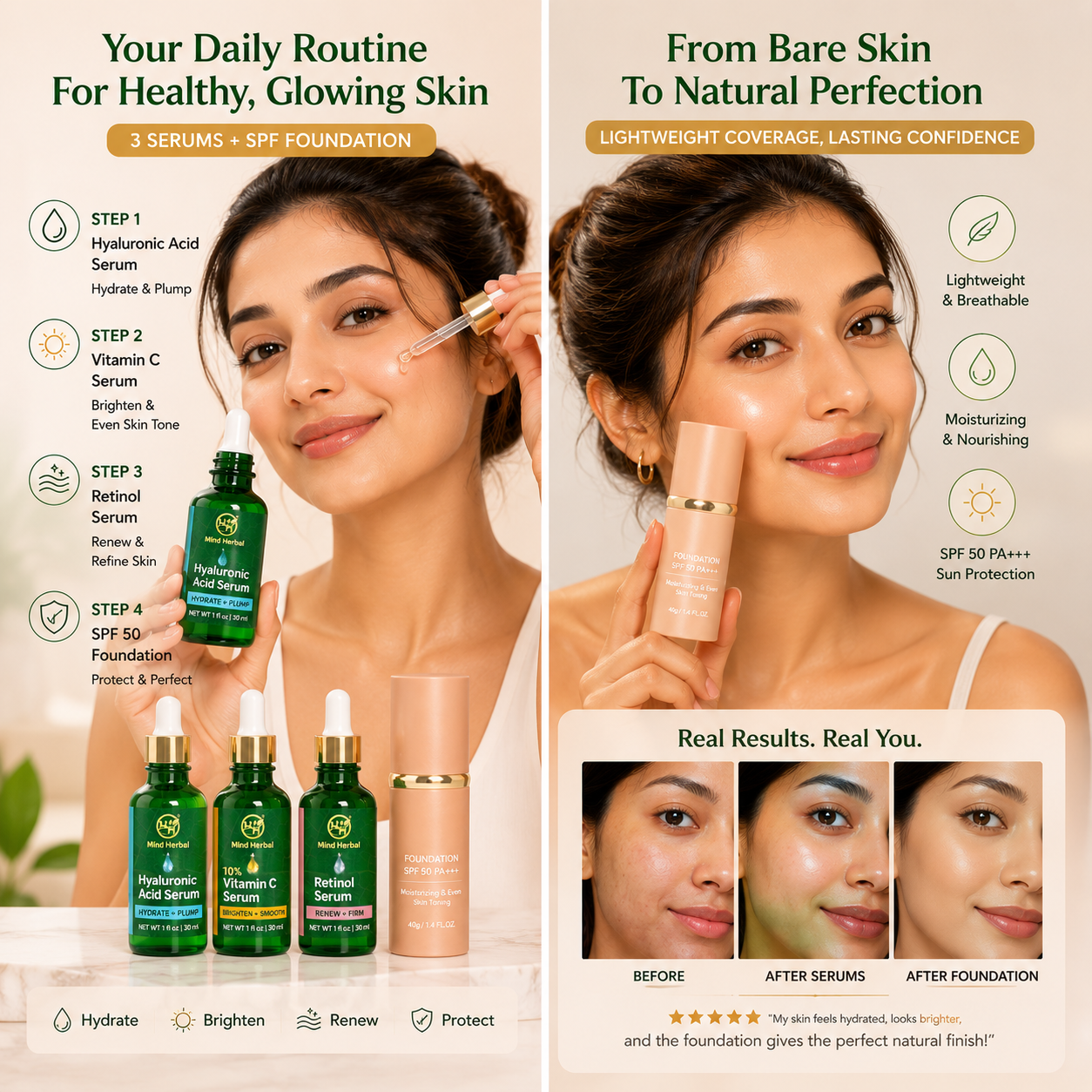 Face Serum Set – Hyaluronic Acid, 10% Vitamin C & Retinol Serum (3 Pack) + FREE Foundation SPF 50 – Hydrating, Brightening & Skin Smoothing Skincare