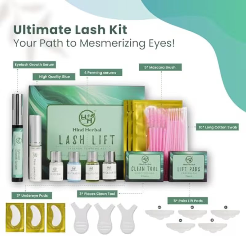 Lash lift kit with growth serum, 32 pcs curling eyelash perm kit with perm lotions, eye gel patches, glue, mascara brushes, cotton swabs and multisize size lift pads
