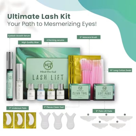 Lash lift kit with growth serum, 32 pcs curling eyelash perm kit with perm lotions, eye gel patches, glue, mascara brushes, cotton swabs and multisize size lift pads